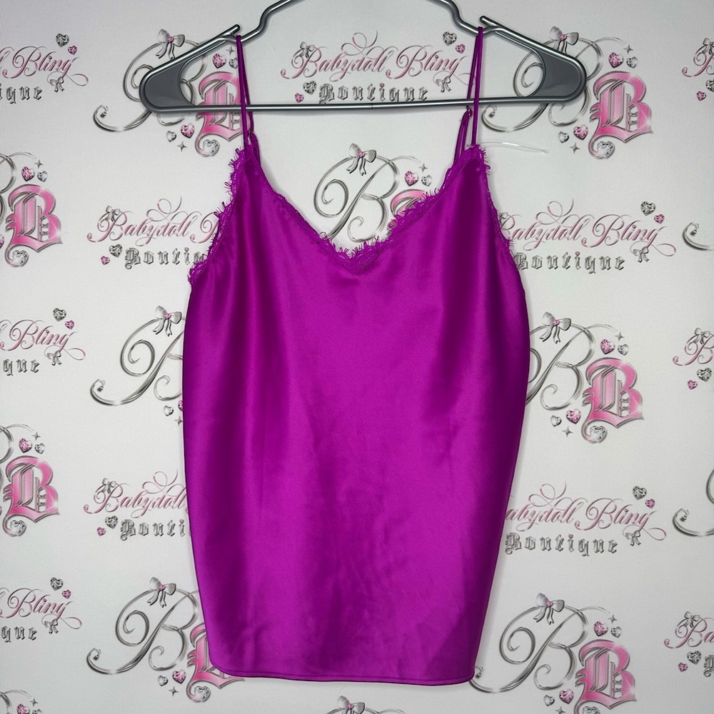 Victoria secret tank top camisole cami purple open lace back buttons silky shiny